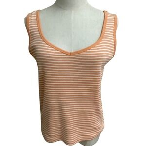 Lauren Ralph‎ Lauren Striped Tank Top Peach White Ribbed Knit Sleeveless Women's